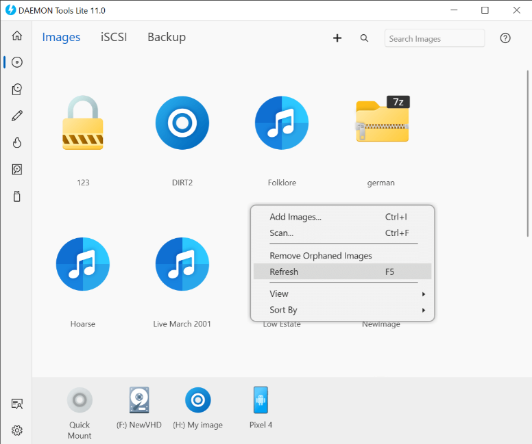 Images catalog context menu with Add Images, Scan and Refresh options